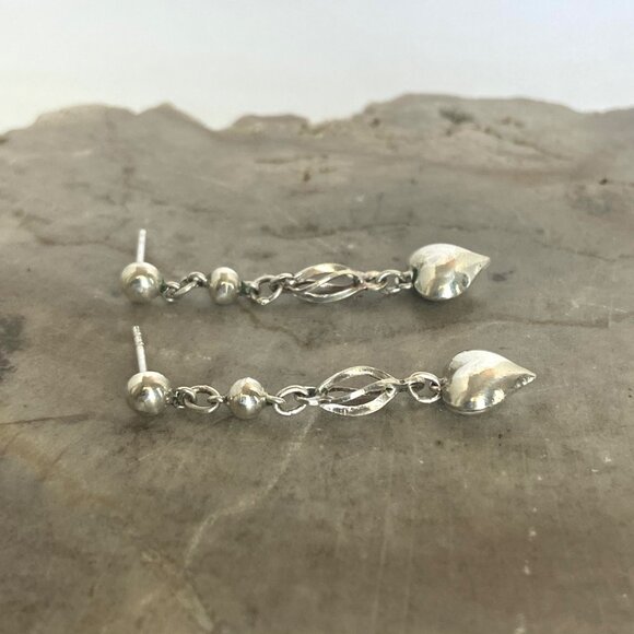 Sterling Silver 925 Dainty Petite Spiral Puffy Heart Dangle Drop Earrings - Picture 5 of 16